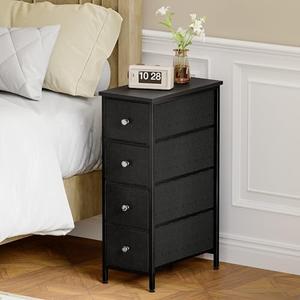 Fixwal Narrow Storage Cabinet, Small Dresser with 4 Drawers, Slim Fabric Dresser Storage for Small Spaces, Black Nightstand Side Table for Bedroom, Bathroom, Laundry, Closet, Dorm, Black,  16.5" x 9.5" x 29.5"