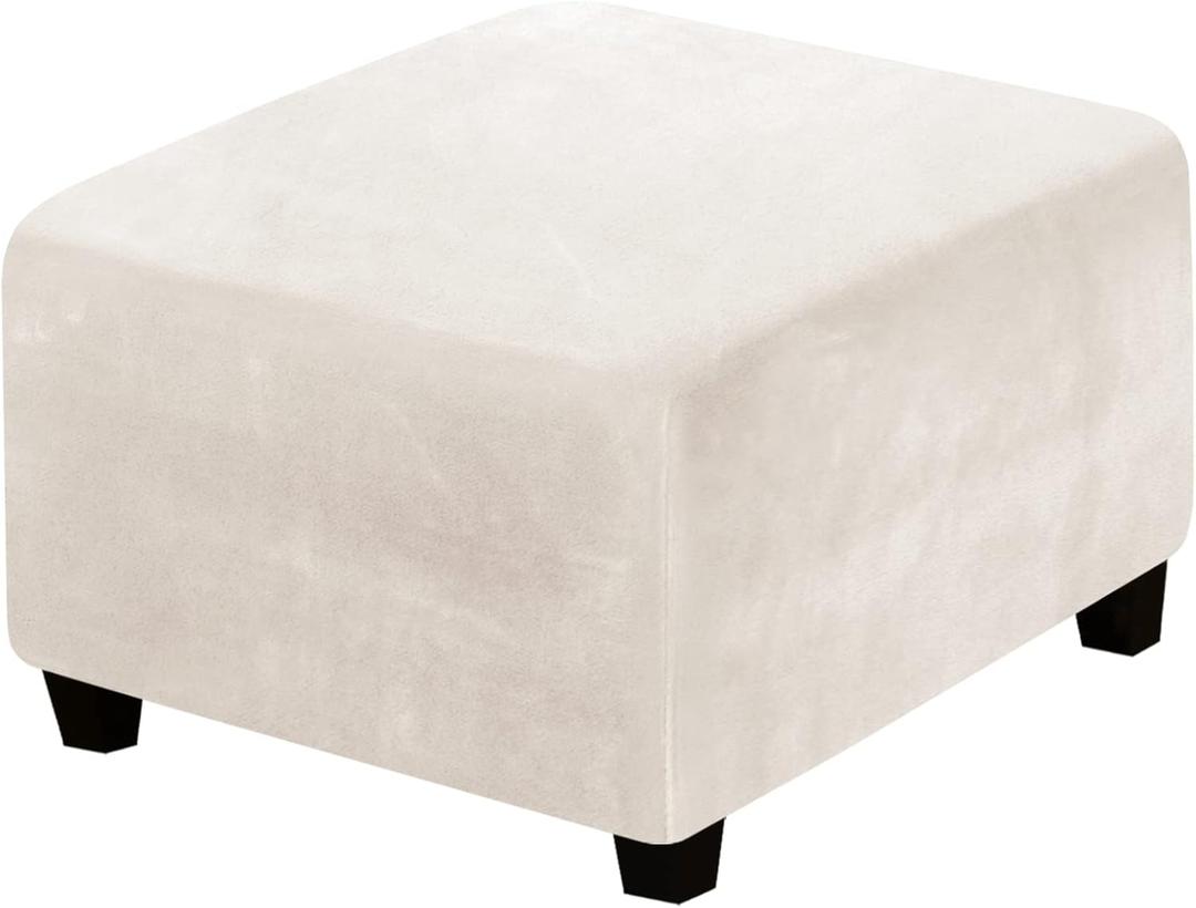 H.VERSAILTEX Ottoman Slipcover Square Footstool Protector Covers Storage Stool Ottoman Covers Stretch with Elastic Bottom, Feature Real Velvet Plush Fabric, Ivory
