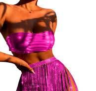 Rave Outfits for Women - Festival Metallic Holographic Bandeau Top Sequin Tassels Skirt 3 Pcs Sexy Bikini Set Large