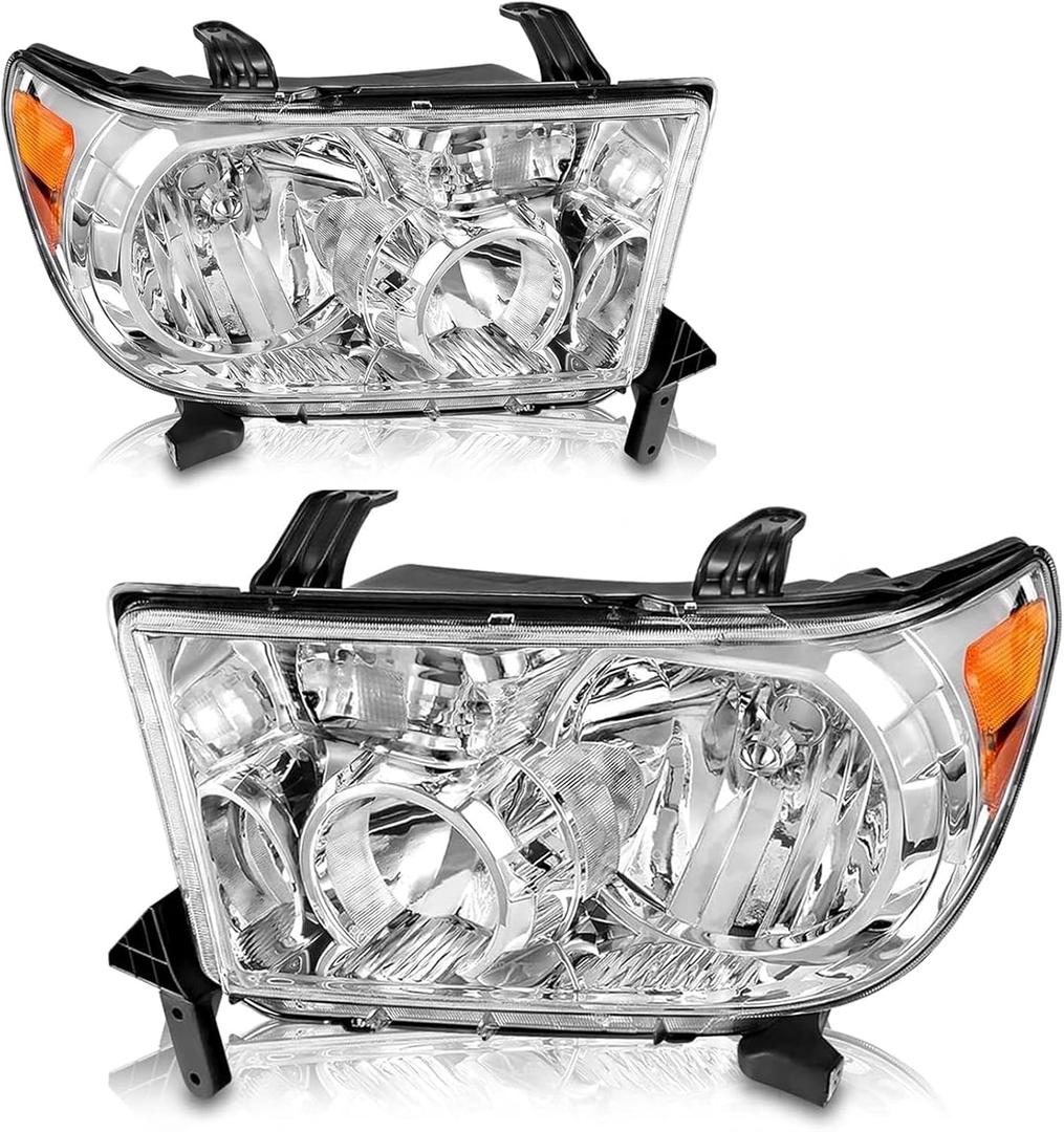 For 2007 2008 2009 2010 2011 2012 2013 Toyota Tundra Headlight Assembly For 2008-2017 Toyota Sequoia Head Lights Headlamp Replacement Driver and Passenger Pair, Chrome Housing Amber