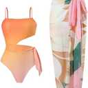 Women One Piece Swimsuit with Matching Cover Ups Floral Sexy Bikini Sets High Cut Push Up Two Pieces Bathing Suit (Small, Orange-pink)