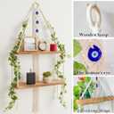 Macrame Hanging Shelf Boho Wall Decor - 2 Tier Handmade Cotton Rope & Rustic Wood Floating Shelves with Evil Eye Charms, Display Photos Plants, Bohemian Storage for Living Room, Bathroom (27"L)