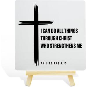 Christian Decor Wooden Sign, Christian Baptism Gifts for Women Men, Faith Religious Scripture Decor, God Decorations for Home Office Bedroom, Bible Verse Desk Decoration, Philippians 4:13