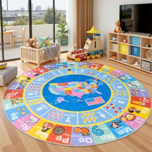 Kids Rugs for Playroom - Soft & Non-Slip 4x4 Feet Round Educational Rug for Learning ABC Alphabet, Numbers, Shapes & Map, Washable Classroom Rug for Toddler Nursery & Kids Room Decor