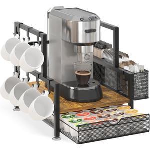 EsLuker.ly Coffee Bar Station Organizer with K Cup Drawer, Pod Holder Storage Rack with 7 Mug Hooks for Countertop, Wooden Coffee Machine Maker Stand for Home Office, Space-Saving for Coffee Lovers (Black+Vintage Brown)
