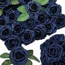 25pcs Navy Blue Artificial Flowers Decorations, Real Touch Foam Fake Rose with Stems 8 Leaves Real Looking Faux Roses for Wedding Bouquets Bridal Shower Centerpieces Arrangements Party Tables DIY