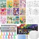 Sherr 108 Pcs 12 Set Flower Sip and Paint Kit for Adults 8''x10'' Pre Drawn Canvas to Paint DIY Acrylic Painting Kit Pre Printed Canvas for Date Night Mother's Day Party Team Building