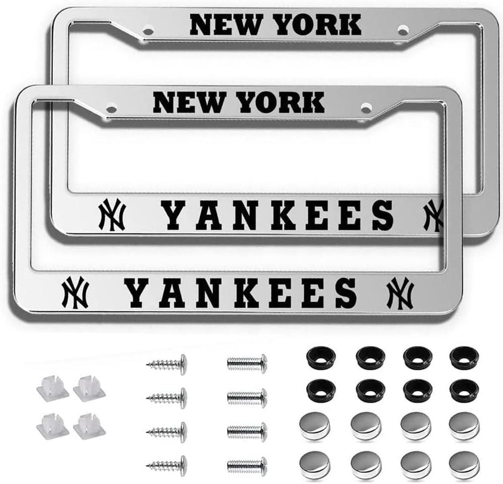 2Piece Silver License Plate Frames for Yankees, Rustproof Aluminum Alloy NY License Plate Frames US Standard License Plate Holder with Screw Caps Set