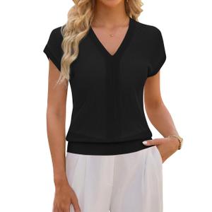 Blooming Jelly Women Short Cap Sleeve Sweater Business Casual Blouses Black (S)
