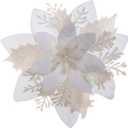 Zhuqing 15Pcs Christmas Poinsettia Artificial Flowers Decorations, Glitter Poinsettia Christmas Tree Ornaments, Black Tree Flowers for Xmas/Wedding/Holiday/Wreath/Garland Decor, with Cilps, 5.5 Inch (White)