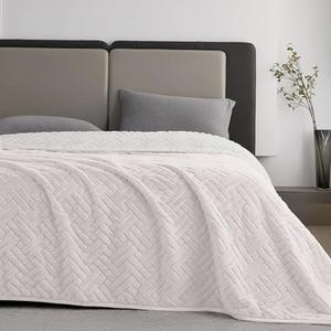 KORBLISS Faux Fur Queen Quilt Blanket for Couch, 480GSM Fuzzy Soft and Warm Coverlet Light Weight Quilted Blanket for Sofa, Chair, Bed, Bedroom, 90x90 Inches,Light Taupe Interwoven
