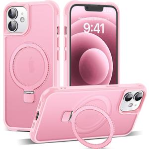 Compatible with iPhone 12 Case & iPhone 12 Pro Case 6.1" with Invisible Ring Stand [Compatible with Mag-Safe] Translucent with Magnetic Kickstand, Pink