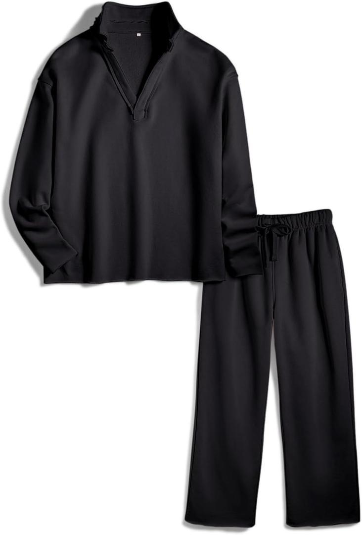 Ainangua Casual 2 Piece Sets for Women V Neck Long Sleeve Tops Wide Leg Pants Workout Outfits Fashion Carmel Travel Set (X-Small, Black)