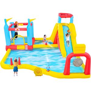 Inflatable Water Slides Park with Blower, Bouncy Castle with Climbing Wall, Dual Water Cannons, Dual Basketball Hoops, Dartboard, Ring Toss, Deep Pool