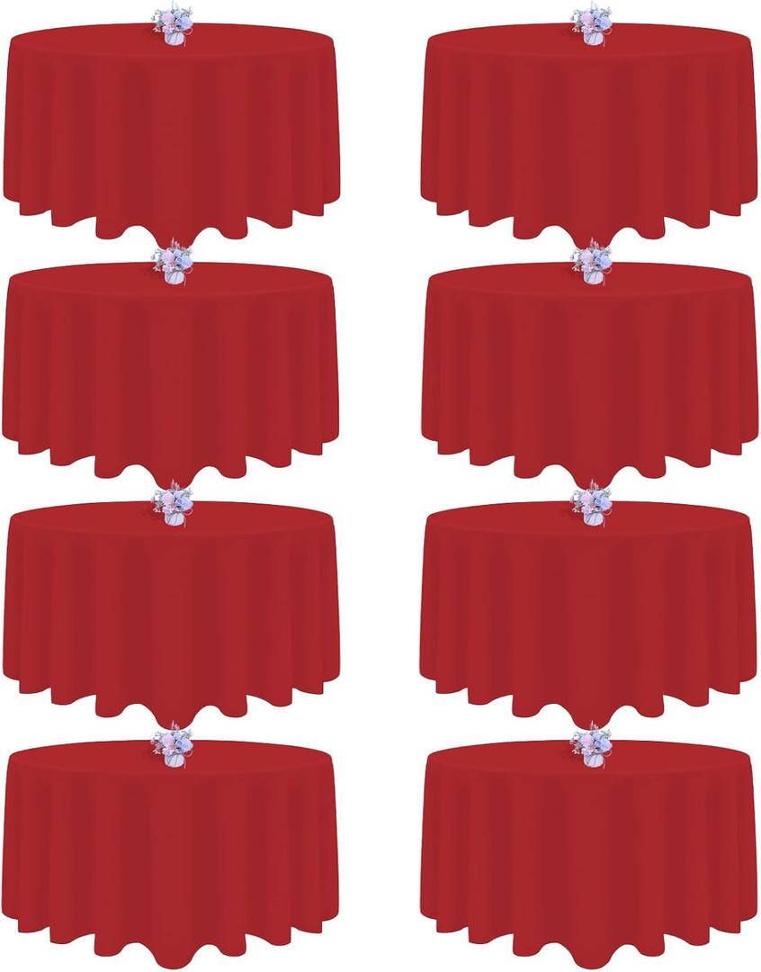 8 Pack Red Round Tablecloth 90 Inch Round Table Cloth, Wrinkle Resistant and Washable Tablecloth Polyester Fabric Table Cloth Round Cover for Dining Wedding Banquet Party