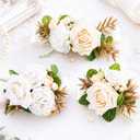 3 PCS Premium Rose Boutonniere & Wrist Corsage, White Champagne Cake Decor Flowers, Silk Floral Picks with Leaves for Wedding, Bridal Shower, Birthday, Baptism Party Decor