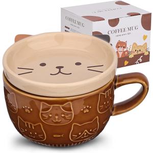 Cute Ceramic Cat Coffee Mug with Lid, Kawaii Coffee Mugs or Tea Cups for Cat Lovers, Funny Novelty Cat Breakfast Mugs for Women Wife Mum Girls Boys Friends Kids Christmas Birthday Gift, 300ML (Brown）