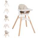 High Chair, 6 in 1 Wooden Convertible High Chairs for Babies and Toddlers, Booster Seat with Double Tray & Reversible Footrest Baby Highchair, 5-Point Harness Baby Feeding Chair, Beige