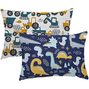 Kid Toddler Pillowcase,2 Packs 100% Cotton Pillow Cover for Kids Bedding,14x20 Pillowslip Case Fits Pillows Sized 13x18 or 14x19,Envelope Closure Dinosaurs Trucks Travel Pillow Pillowcase