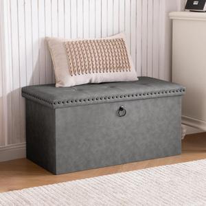 oakvivo 30 Inches Folding Storage Ottoman Bench, Leather End of Bed Foot Rest Stools with Button Tufted Rivet Design, Ottoman with Padded Seat for Bedroom, Living Room, Entryway, 330 lb, Grey, 15"D x 30"W x 15"H