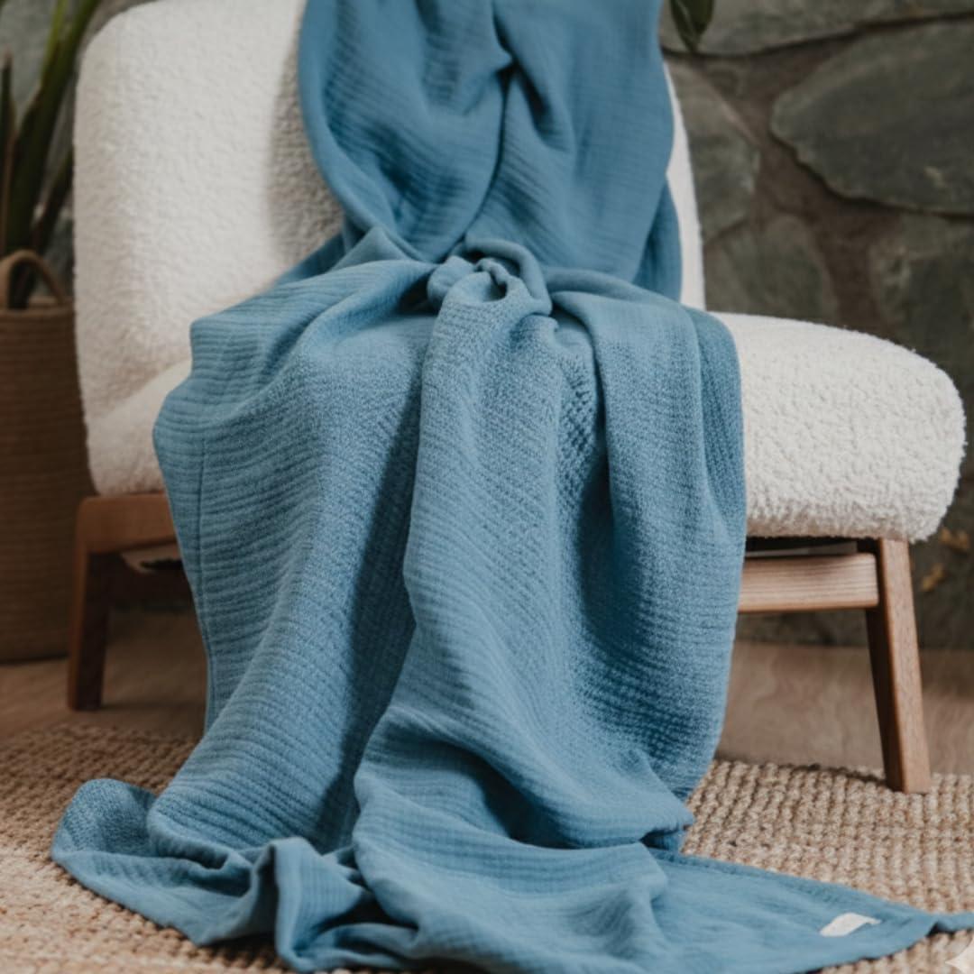 Goqan Muslin Blanket Queen 79x90  100% Turkish Cotton 4 Layer Boho Muslin Blanket for Adults, Four Season, Lightweight and Thin, Soft, Breathable for Bed - Teal