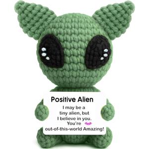 Unique Positive Alien Mini Crochet Alien with Uplifting Message Card Easter Basket Stuffers Funny Alien Birthday Anniversary Graduation Gift Men Women Grandfather Friends(Dark Green)