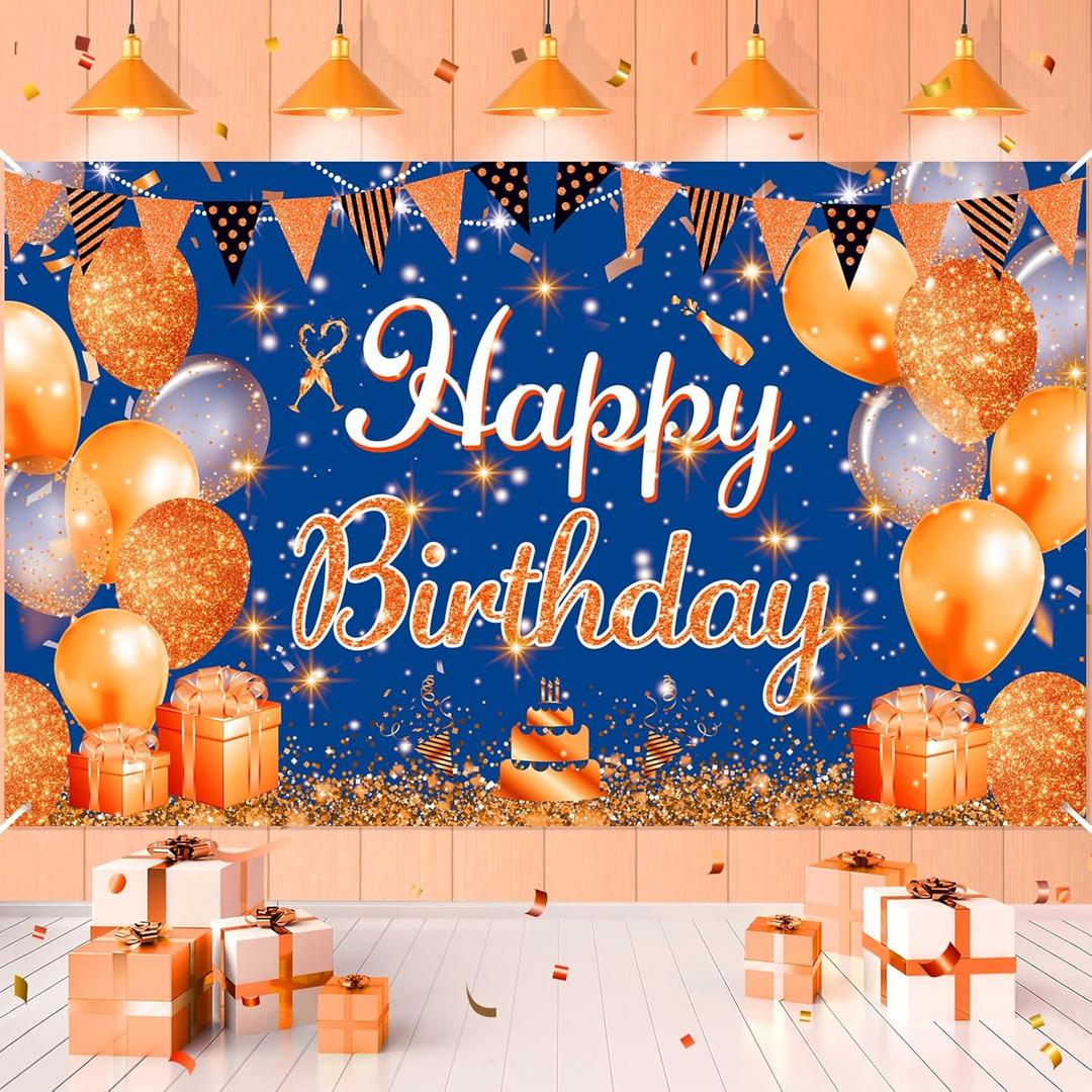 Blue and Orange Birthday Banner Decorations Large Navy Blue Orange Happy Birthday Banner Sign Background Photography for Boys Girls Anniversary Party Supplies 71x44Inch