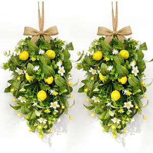 2 Pack 22'' Lemon Swag Wreaths for Cabinets Spring Summer Teardrop Wreath with White Daisy Flowers Artificial Lemon Teardrop Wreath with Bow for Farmhouse Front Door Porch Window Wall Hanging Decor