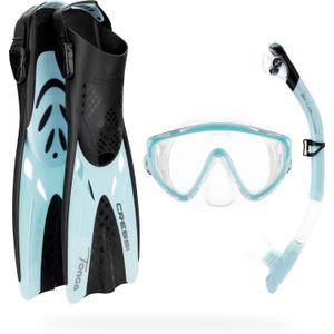 Cressi Snorkeling Set- Short Adjustable Fins, Silicone Mask, and Dry Snorkel- Compact for Travel- Tino Adventure Set- Designed in Italy (Large-X-Large, Clear/Ice Cyan)
