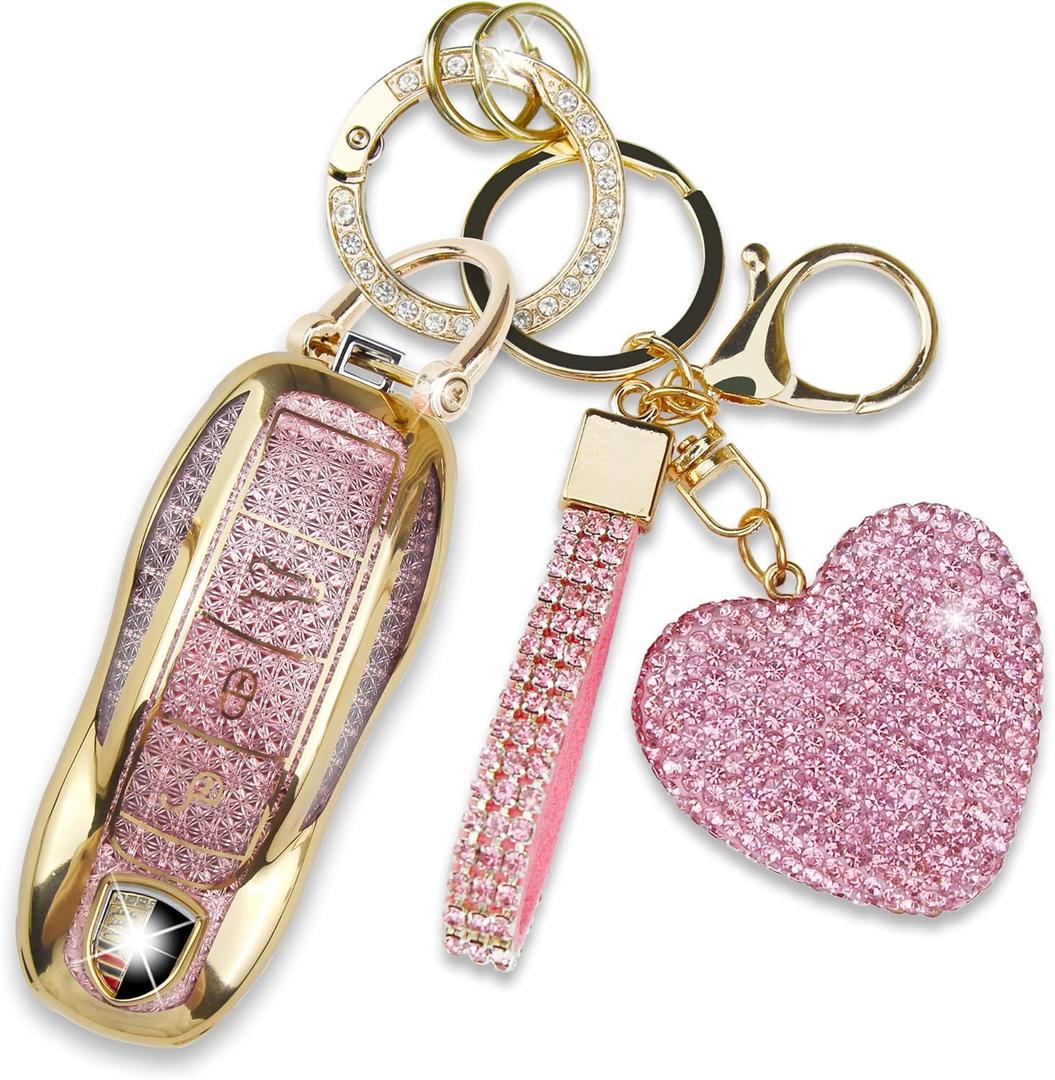 Compatible with Porsche Key Fob Cover with Heart Keychain, Car Key Shell for Women, Compatible with Porsche Cayenne Panamera 911 718 Macan Boxster Cayman Key Protector (3 Buttons-Pink)