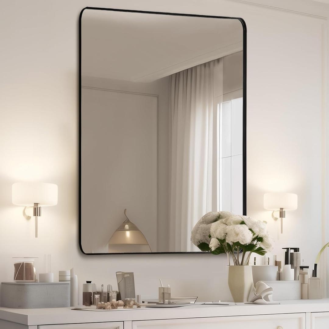 Mirrorons Black Bathroom Mirror 36 x 24 Inch, Black Wall Mirror, Matte Black Bathroom Vanity Mirror with Rounded Corner, Shatterproof (Horizontal/Vertical) (36"L x 24"W, Black-rectangle)