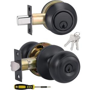 Lanwandeng All Keyed Alike Entry Door Knobs and Single Cylinder Deadbolt Lock Combo Set, Security for Entrance and Front Door with Flat Ball Classic Matte Black Finish