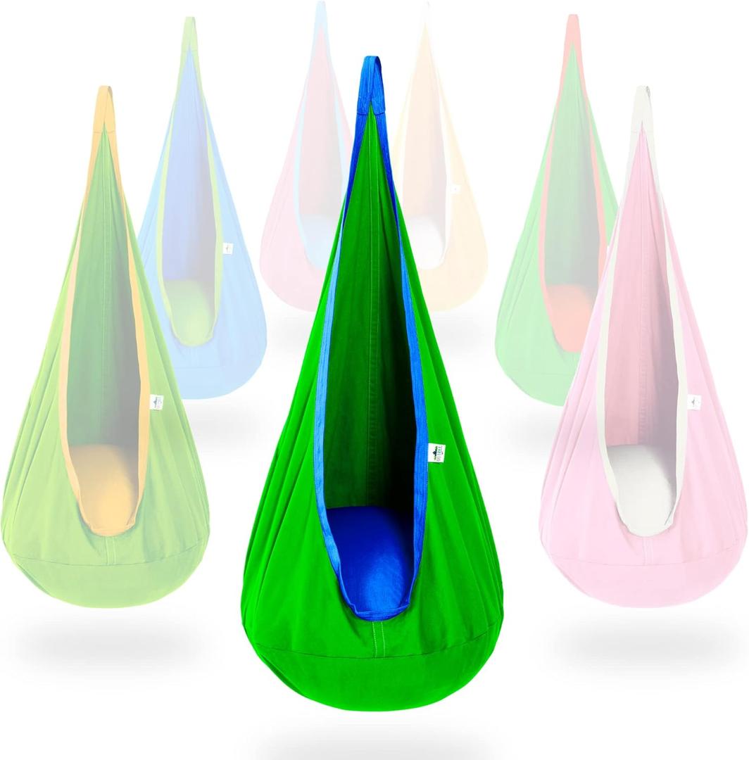 OUTREE Kids Pod Swing Seat, Cotton Child Hammock Swing Chair, Sensory Swing for Indoor and Outdoor Use, Green and Blue OUTREE Kids Pod Swing Seat, Cotton Child Hammock Swing Chair, Sensory Swing for Indoor and Outdoor Use, Green and Blue