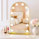 LUXFURNI Vanity Mirror with Lights, 20.5" L x 13" W Arched LED Makeup Mirror, Lighted Makeup Mirror with Lights, Smart Touch Control Dimmable 3 Modes Light, Gold