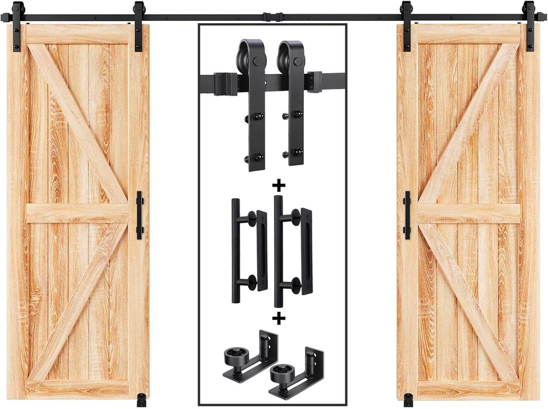 EaseLife 12 FT Double Sliding Barn Door Track and Handle Hardware Kit,Basic J Pulley,Slide Smoothly Quietly,Easy Install (12FT Track Kit for 33"~36" Wide Double Door)