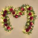 Dolicer 2Pcs 13Ft Artificial Eucalyptus Garlands with Flowers - 8 Roses, Faux Floral Greenery Garlands with 13Ft String Lights Fake Flowers Vines for Wedding Table Centerpieces Arch Party Decor (Red)