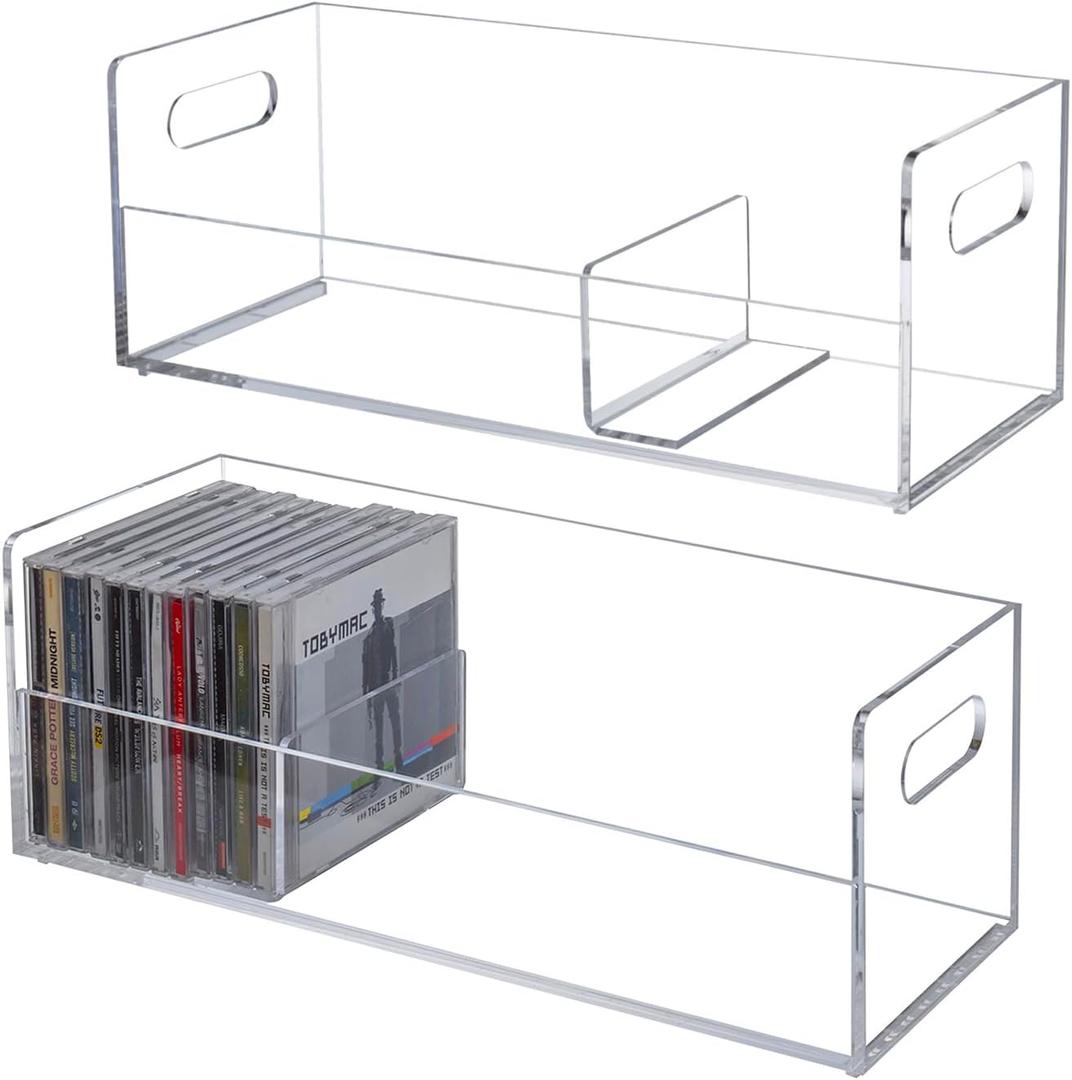 MyGift 2 Pcs Clear Acrylic CD Holder Racks, Stackable CD Storage Box, Music Disc DVD Display Cases, Modern Media Cassette Organizers with Cutout Carrying Handles