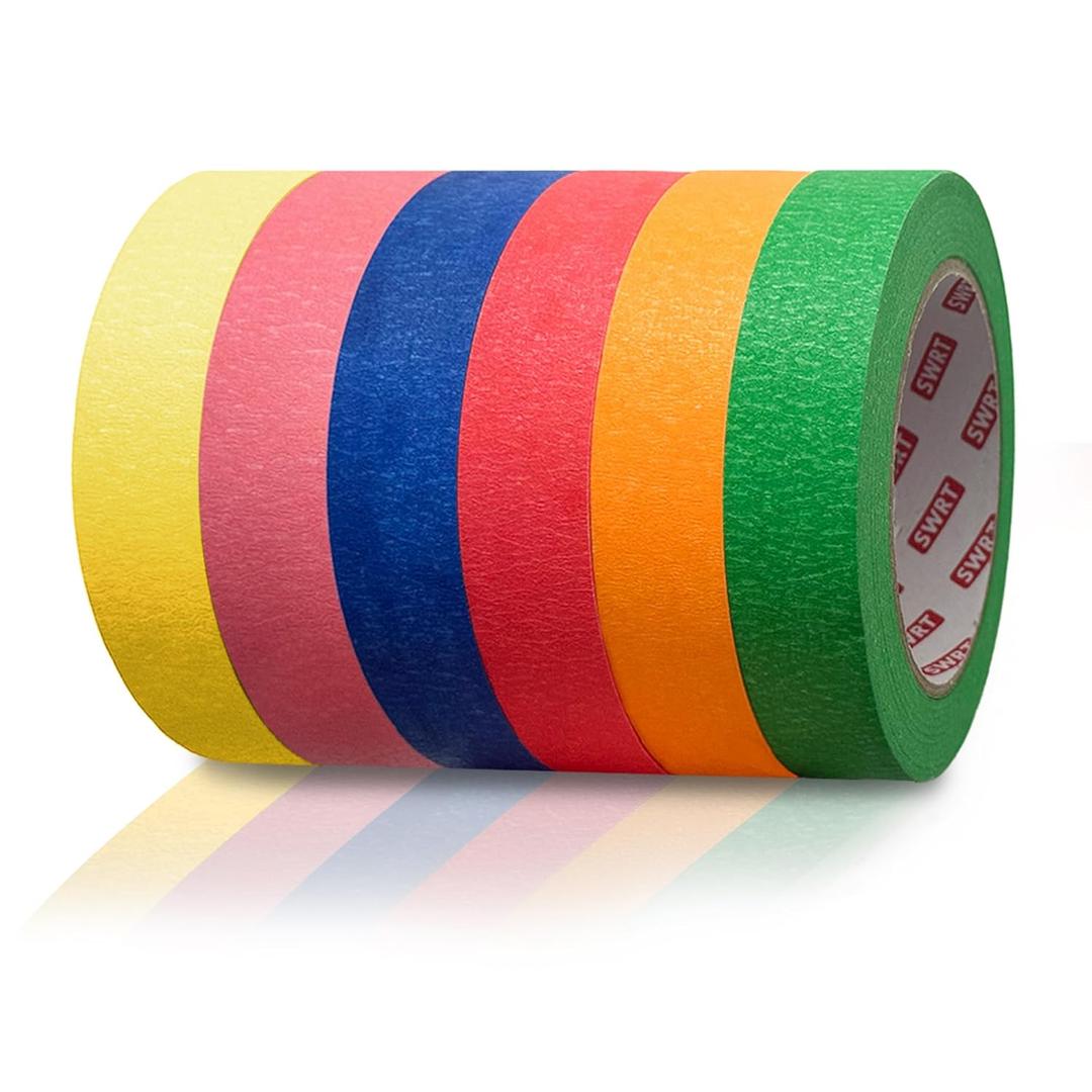 SWRT Colored Masking Tape 6-Pack, 1 Inch x 55 Yards Painters Tape Set, Colorful Craft Teacher Tape for Arts, Crafts, Labeling & Classroom  Easy Tear, Residue-Free
