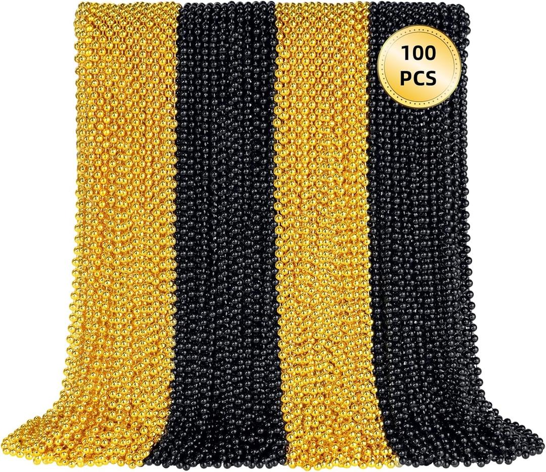 SHAOQINLIN 100 PCS Gold Black New Year Necklaces, 33'' Happy New Year Eve Necklaces Accessories, 2026 New Year Party Beads for New Year's Day, Halloween, Christmas, Carnival Party Favors