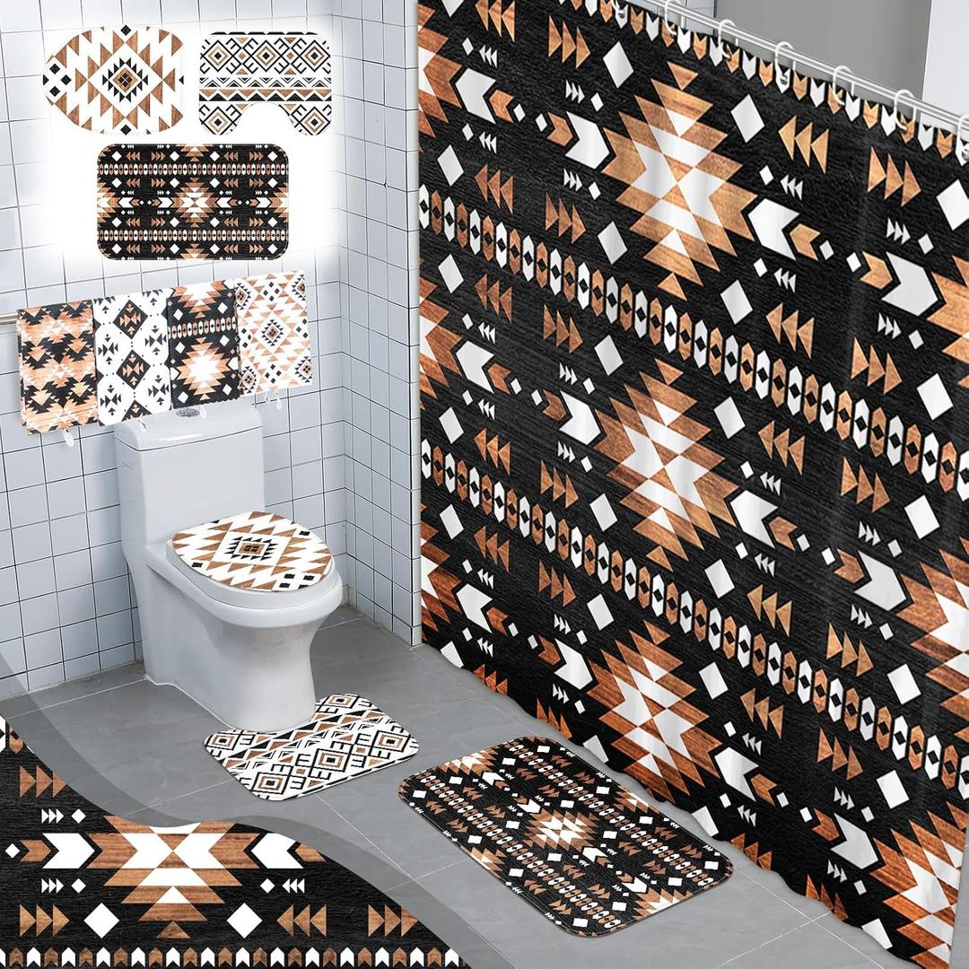 8 Pcs Western Aztec Shower Curtain Set Geometric Vintage Bathroom Decor Boho Abstract Pattern Waterproof Shower Curtain Aztec Towels Non Slip Rug Toilet Lid Cover Bath Mat with 12 Hooks