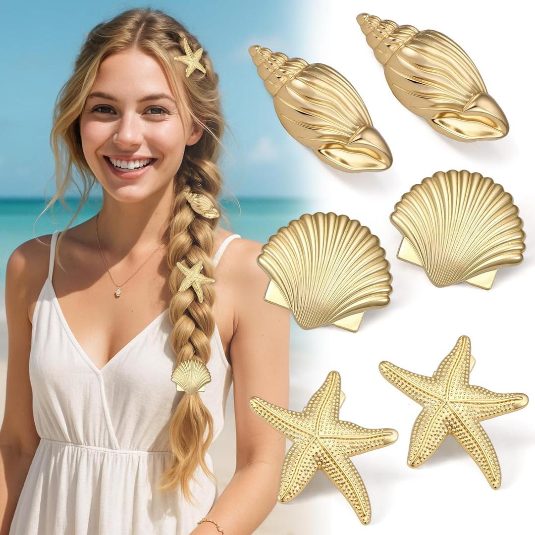 6 PCS Small Metal Hair Clips, Gold Starfish Hair Clips for Women Girls, Small Alligator Clips for Summer Holiday, Seashell Headwear Styling Tools for Mermaid Costume