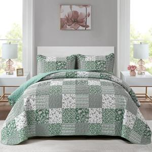 Mybedsoul Green Boho Queen Quilt Set, 3-Piece Reversible Soft Plaid Floral Bedding Set with 2 Pillow Shams - Sage Green Queen Size Quilt Bedspread Coverlet Set 90 x 96