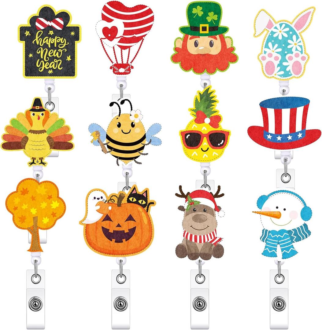 12 Pcs 4th of July Badge Reels Rabbit Retractable Holiday Nurse Badge Clip Reels Holder Felt with Clip for Teachers Doctor Employees Volunteers Xmas Decor(Cute Style)