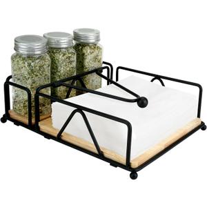 Napkin Holder, Flat Table Napkin Holder for Salt and Pepper Shakers, Metal Napkin Holders with Weighted Arm & Wooden Base for Kitchen Countertop (Black)
