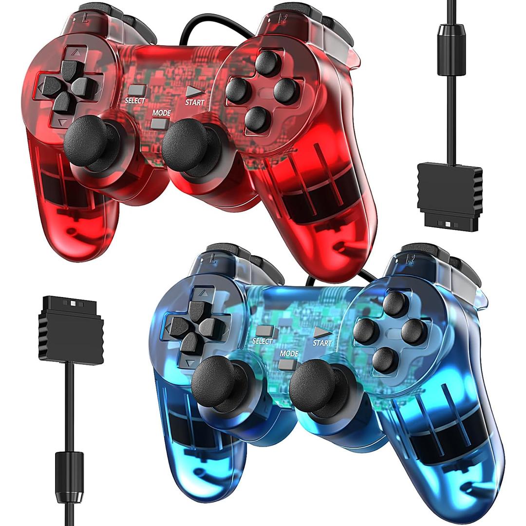 Degulan Wired Controller for PS2 High Performance Double Shock Gamepad Joystick Remote Compatible with Play 2 (Clear Red and Clear Blue)