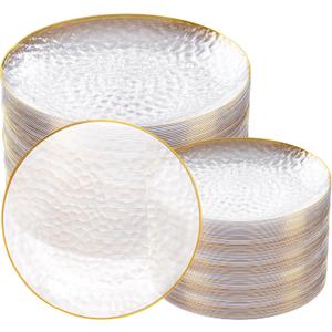 Rubtlamp 100Pcs Clear Gold Plastic Plates, Disposable Plates With Gold Rim, Heavy-duty Party Platos, Hammered Plastic Plates Include 50 Clear Dessert Platos, 50 Dinner Platos for Party
