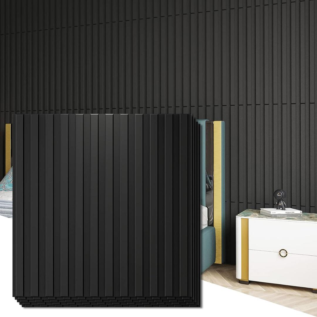 Art3d Slat Wall Panel, 3D Fluted Textured Panel 12-Tile 19.7 x 19.7in. - Black (Square - Black)