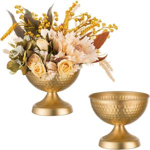 Sziqiqi Urn Vases for Wedding Centrepiece - 6in High Gold Metal Vase Set of 2 Small Vintage Flower Arrangement Pots for Table Centrepieces Elegant Hammered Vase for Christmas Anniversary Party