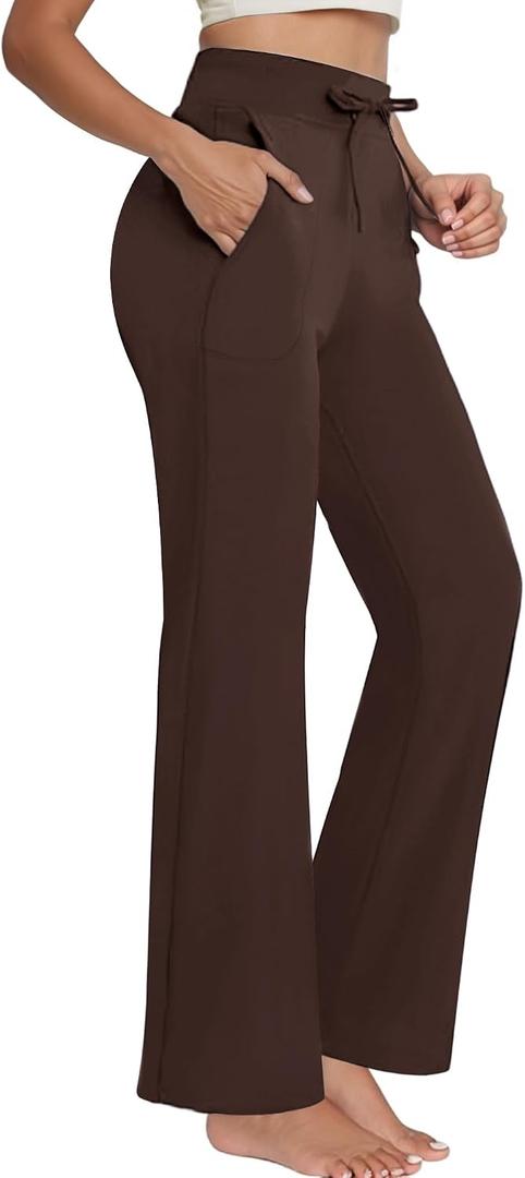JEKAOYI Women's Flare Yoga Pants High Waist Stretchy Drawstring Sweatpants | Tummy Control, Bootcut Workout Pants, Gym to Casual Outfits, with pockets (Brown, XS)