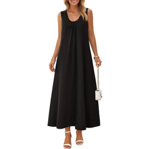 MEROKEETY Women's Summer Boho Maxi Dress 2026 Ruched Beach Vacation Sundresses Sleeveless Loose Tank Dress (Black, L)